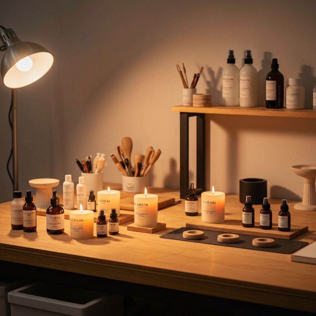 Clarum Studio Arbeitsbereich mit Kerzen, Duftzerstäubern und Arbeitsutensilien