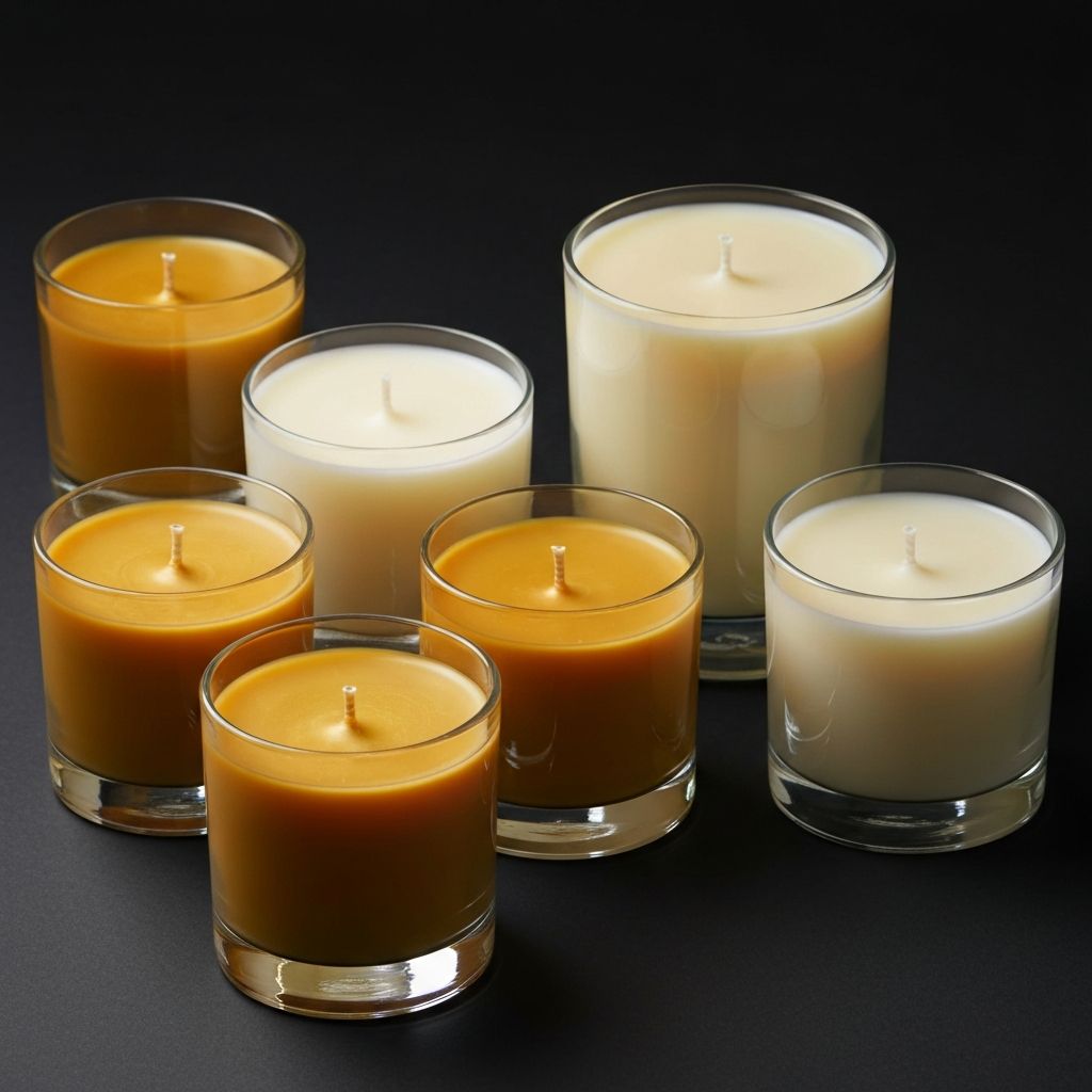 Fertige Sojawachskerzen in verschiedenen Duftprofilen arrangiert
