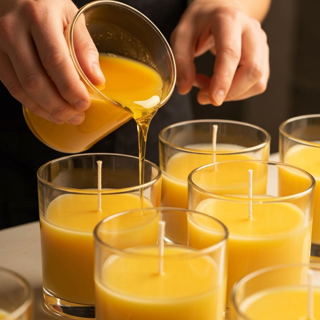 Handgießen von geschmolzenem Sojawachs in Glassbecher mit Docht