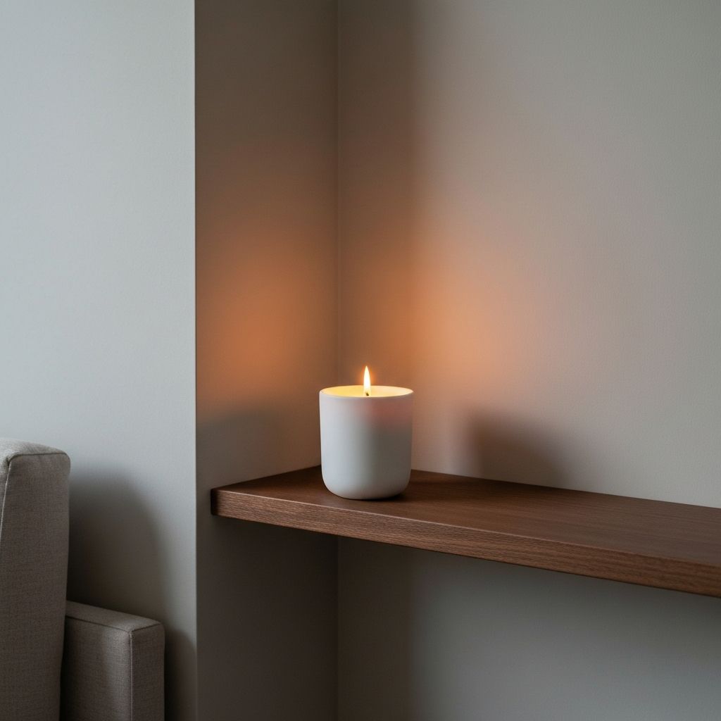 Sojawachskerze auf Holzregal neben Pflanzen und Büchern